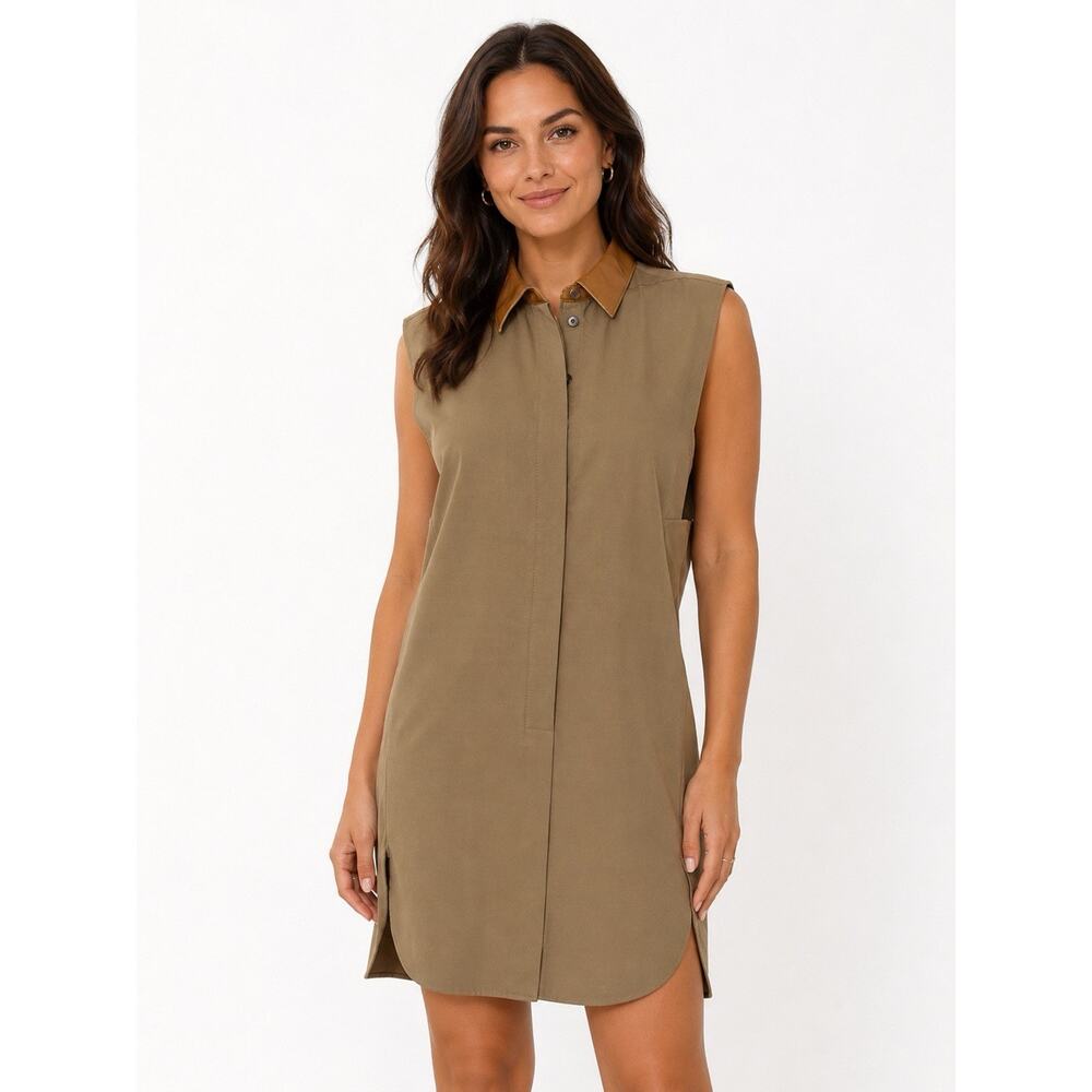 3.1 Phillip Lim Dress Button Down Tan Brown Leather Collar Sleeveless Shift 2 XS